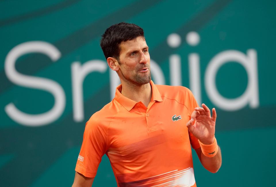 Novak Djokovic reacts during a tennis match at the Serbia Open.