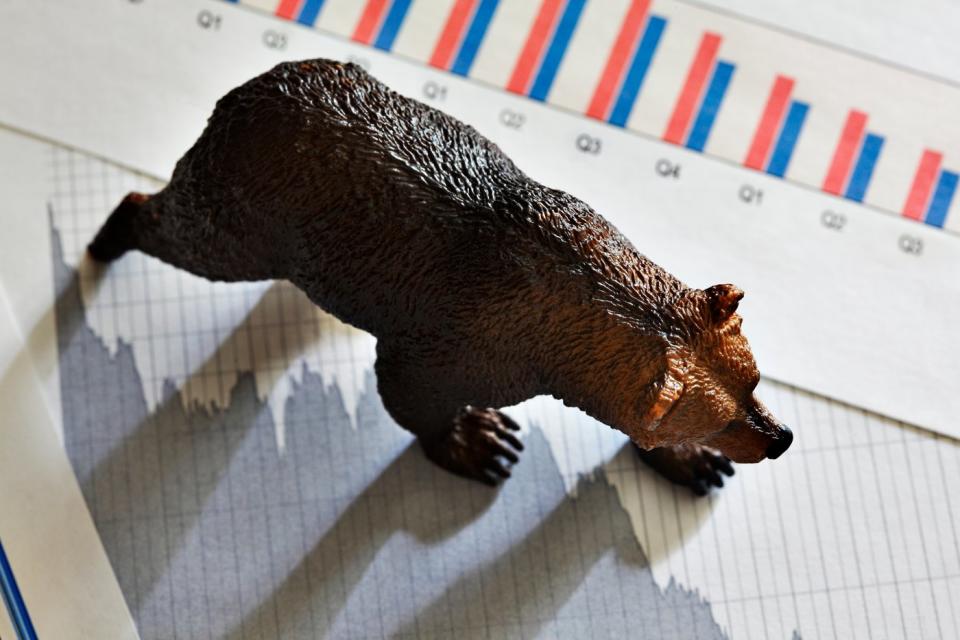 A bear figurine placed atop newspaper clippings depicting a falling stock chart and declining quarterly bar chart. 