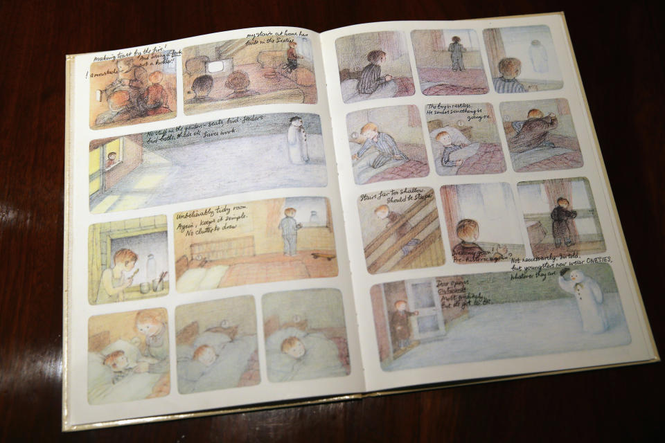LONDON, ENGLAND - DECEMBER 04:  Annotated pages from 'The Snowman' by Raymond Briggs is displayed at Sotheby's auction House on December 4, 2014 in London, England. A selection of annotated first edition books from the Worlds greatest living illustrators and authors including contributions from Michael Bond, Raymond Briggs, Quentin Blake, Lauren Child, Terry Gilliam, Judith Kerr, Paula Rego & Gerald Scarfe are to be auctioned to Raise Money for 'House of Illustration' on December 8, 2014.  (Photo by Dan Kitwood/Getty Images)