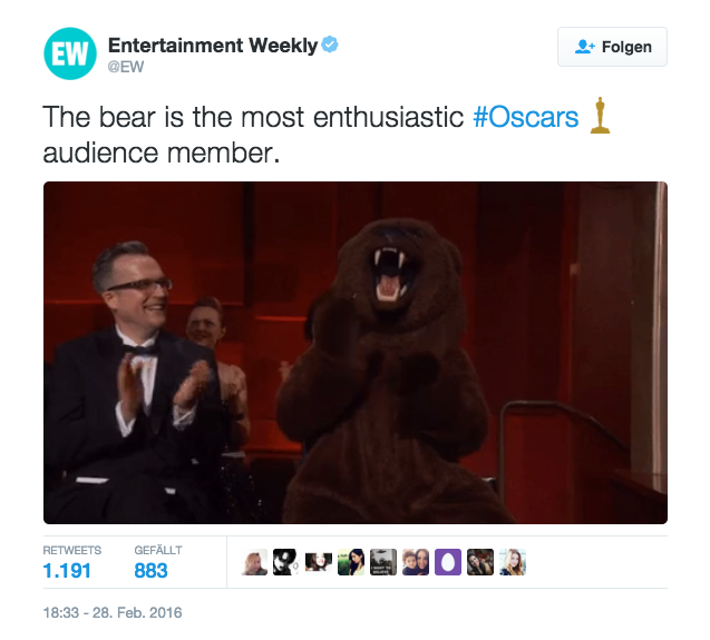 Was wird der Bär erst ausflippen, wenn Leonardo DiCaprio später tatsächlich den Oscar für “The Revenant” gewinnt! (Foto: twitter.com/ew)