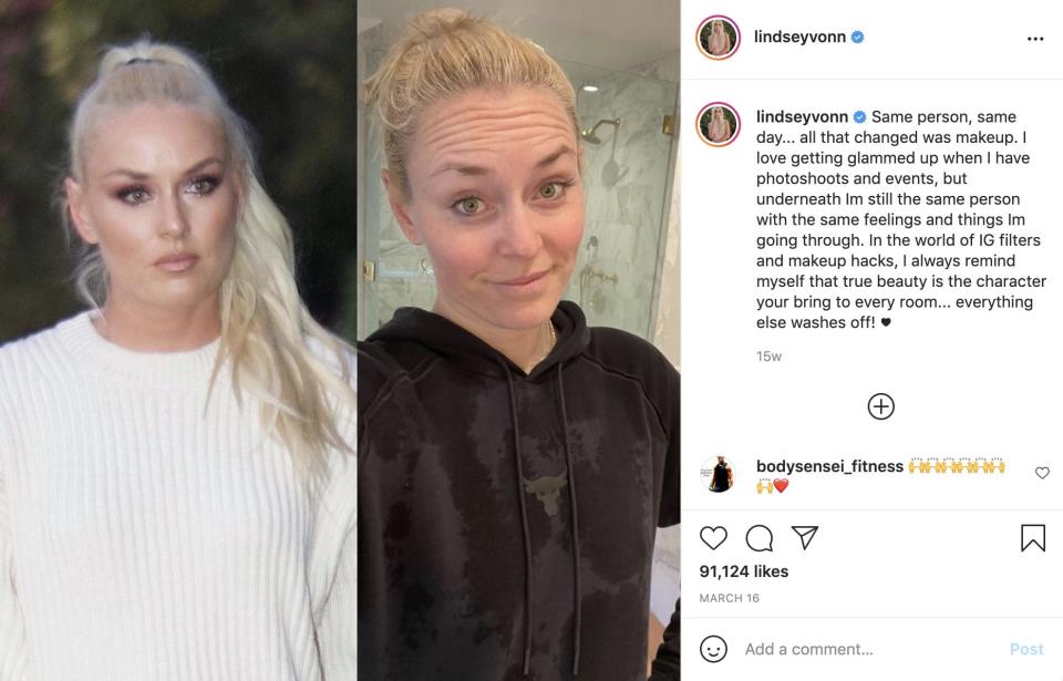 A screenshot of an Instagram post from Lindsey Vonn that shows her with and without makeup.