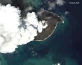 This satellite image provided by Maxar Technologies shows an overview of Hunga Tonga Hunga Ha’apai volcano in Tonga on Dec. 24, 2021. (Satellite image ©2022 Maxar Technologies via AP)