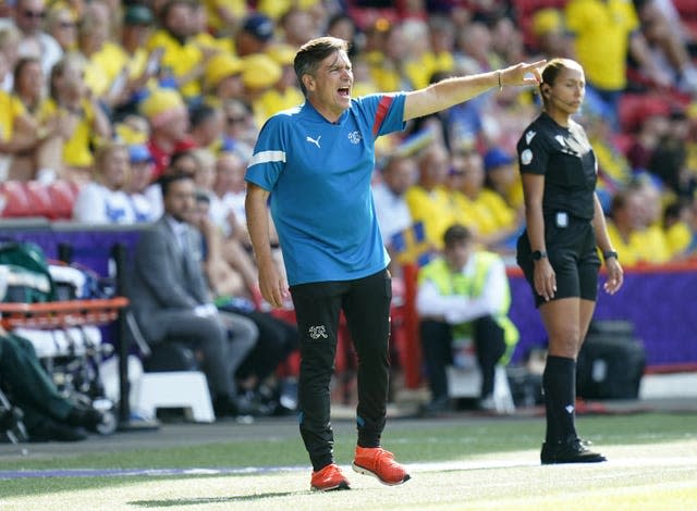 Switzerland head coach Nils Nielsen gestures on the touchline