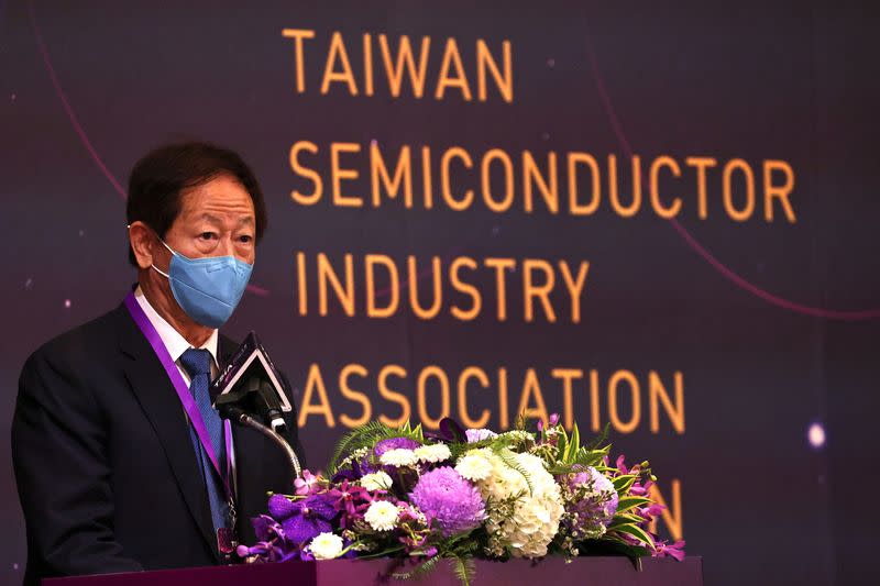 TSMC chairman Mark Liu makes a speech at the Taiwan Semiconductor Industry Association convention in Hsinchu,