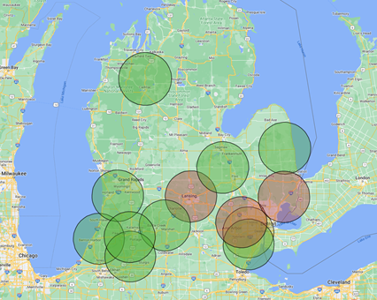 This map shows the biggest landfills in Michigan, with 10 million cubic yards of available space, in 30-mile radiuses sorted by green (more than 20 years of available space), yellow (11 to 20 years) and red (10 years or less).