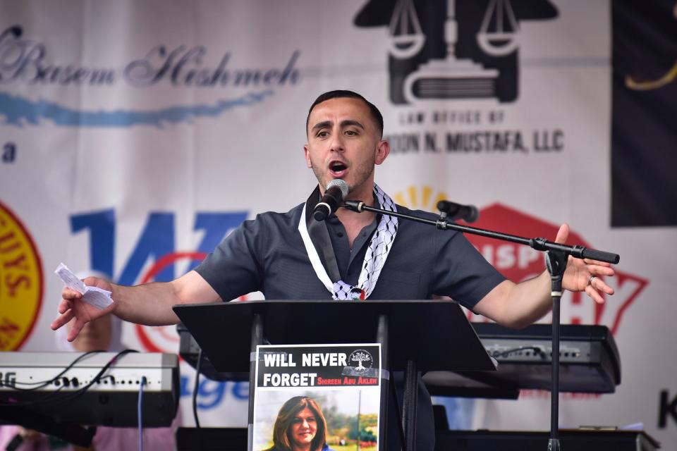 Paterson Sixth Ward Councilman Al Abdelaziz speaks during a ceremony to rename part of Main Street to Palestine Way, Sunday  in Paterson on 05/15/22.