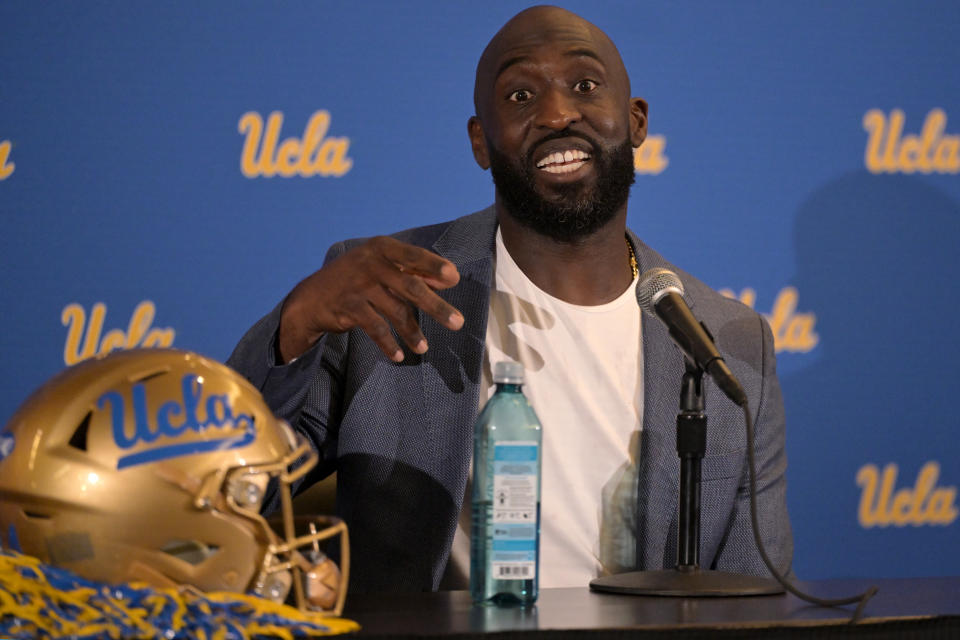 Feb. 13, 2024; Los Angeles, California; DeShaun Foster answers questions from media after he was introduced as the UCLA Bruins head football coach during a press conference at Pauley Pavilion. Jayne Kamin-Oncea-USA TODAY Sports