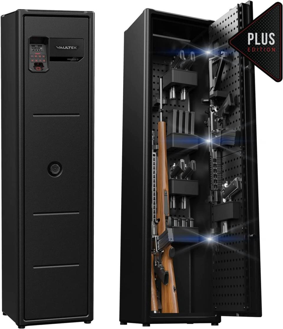 Black gun safe with exterior and interior images