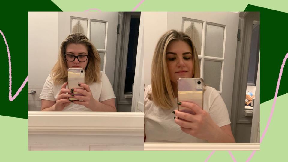 Why I chose to take mirror photos instead of selfies, I do not know. It was early and I was tired. On the right, you can see what 20 minutes with the Revlon One-Step can do. (Photo: Brittany Nims / HuffPost)