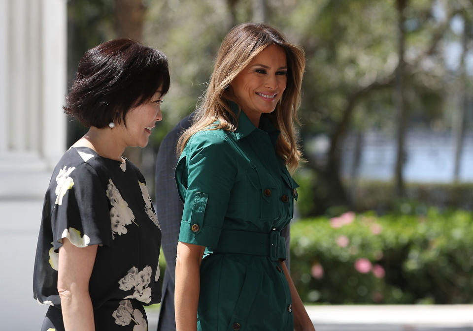 Melania Trump wore a stylish shirtdress to spend the day with Japanese first lady Akie Abe in Palm Beach, Fla. (Photo: Getty Images)