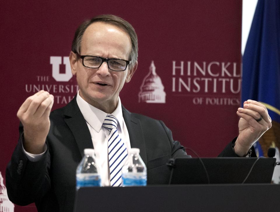 William D. Schreckhise, professor and chair of the University of Arkansas Department of Political Science, speaks during the “To Respectfully Disagree: Civility in Government” presentation at the University of Utah’s Hinckley Institute in Salt Lake City on Wednesday, Sept. 27, 2023. | Laura Seitz, Deseret News