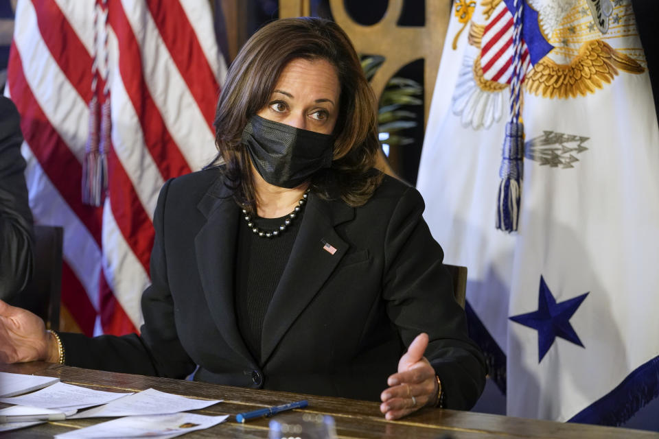 Vice President Kamala Harris speaks during a business roundtable event at Maria Empanada, Tuesday March 16, 2021, in Denver. (AP Photo/Jacquelyn Martin)