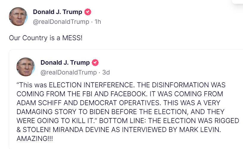 Donald Trump wrote on Truth Social on Thursday, 15 December ahead of his so-called ‘major announcement’ that the country was a ‘mess’ (Truth Social/Donald Trump)