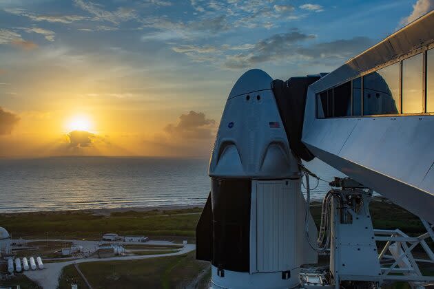 SpaceX Crew Dragon capsule at sunrise