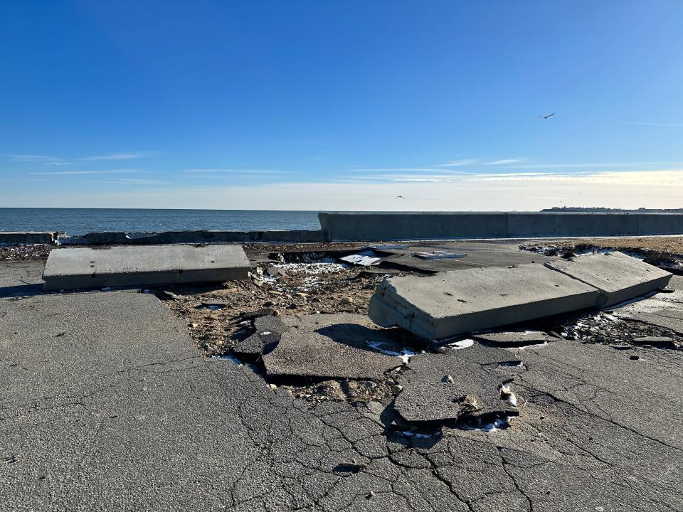 The seawall at Bicentennial Park in Hampton where Fire Chief Michael McMahon said ocean water caused infrastructure damage and flooding on Saturday is seen Monday, Jan. 15, 2024.