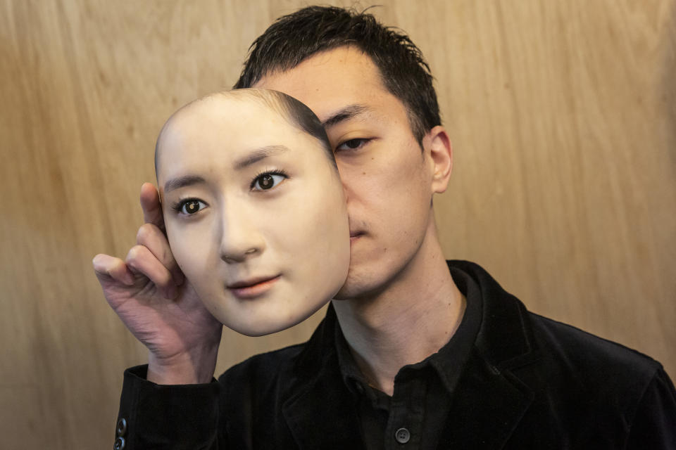 Shuhei Okawara, owner of mask shop Kamenya Omote, holding Hyper-realistic face mask poses for a portrait  on January 28, 2021 in Tokyo, Japan. (Photo by Yuichi Yamazaki/Getty Images)