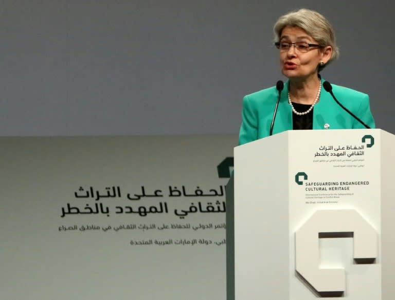 UNESCO Director-General, Irina Bokova speaks during the opening ceremony of a conference to discuss forming a global alliance to protect endangered heritage sites, on December 2, 2016 in Abu Dhabi