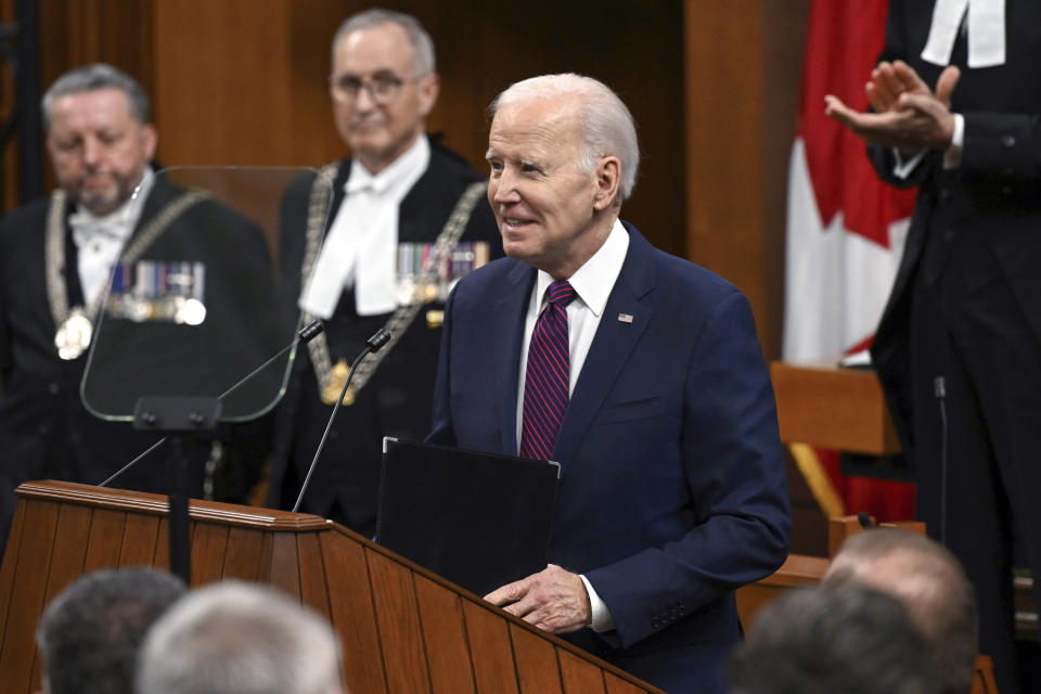 President Joe Biden speaks to the Canadian Parliament, Friday, March 24, 2023, in Ottawa, Canada. (Kenny Holston/The New York Times via AP, Pool)