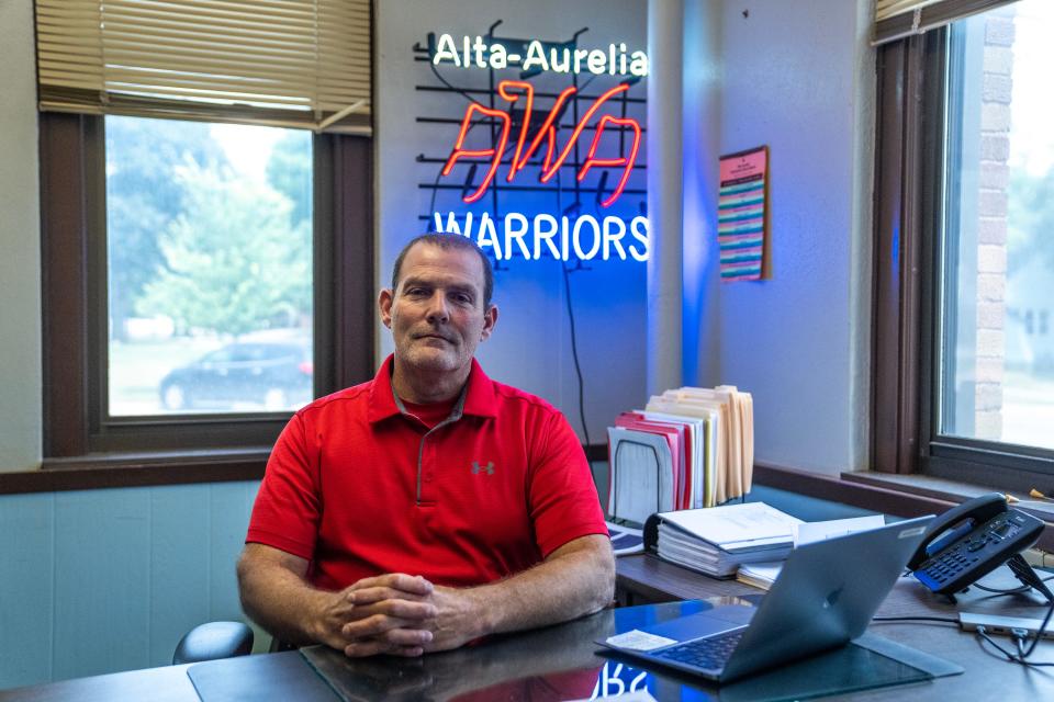 Alta-Aurelia Superintendent Denny Olhausen poses for a photo in his office, on Tuesday, Aug. 1, 2023, in Alta.