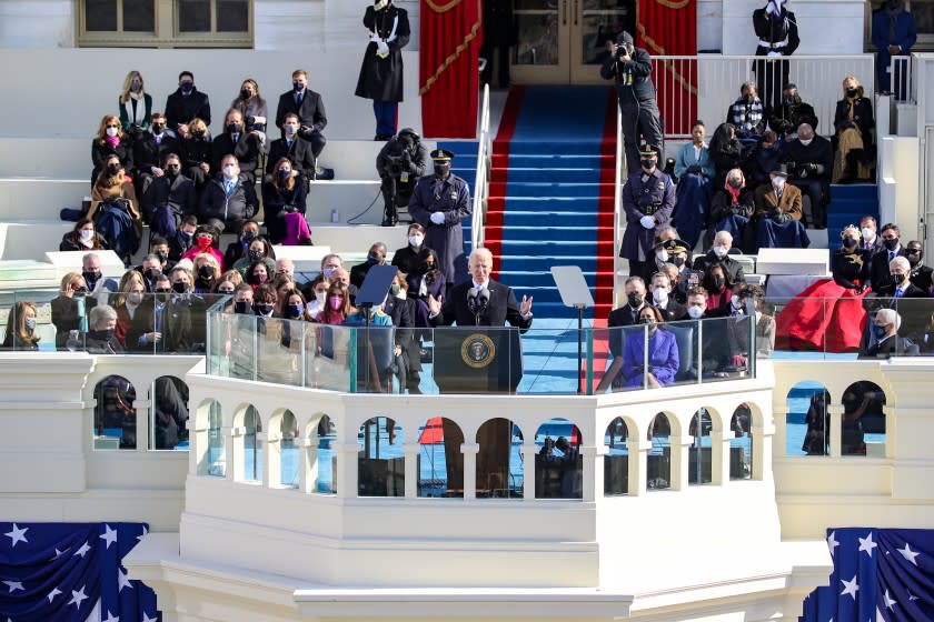 WASHINGTON, DC - JANUARY 20: U.S. President Joe Biden delivers his inaugural address on the West Front of the U.S. Capitol on January 20, 2021 in Washington, DC. During today's inauguration ceremony Joe Biden becomes the 46th president of the United States. (Photo by Rob Carr/Getty Images)