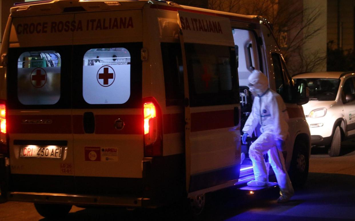 One of the ambulances that transported a person infected by coronavirus to the Sacco Hospital in Milan, Italy. - REX