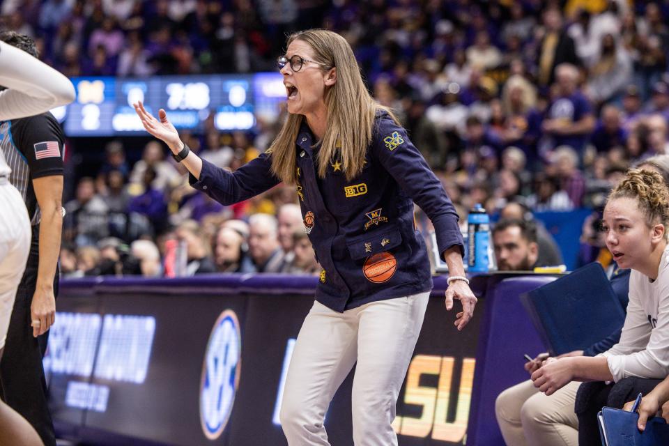 Michigan coach Kim Barnes Arico against the LSU during the first half of a NCAA tournament game in Baton Rouge, Louisiana, on Sunday, March 19, 2023.