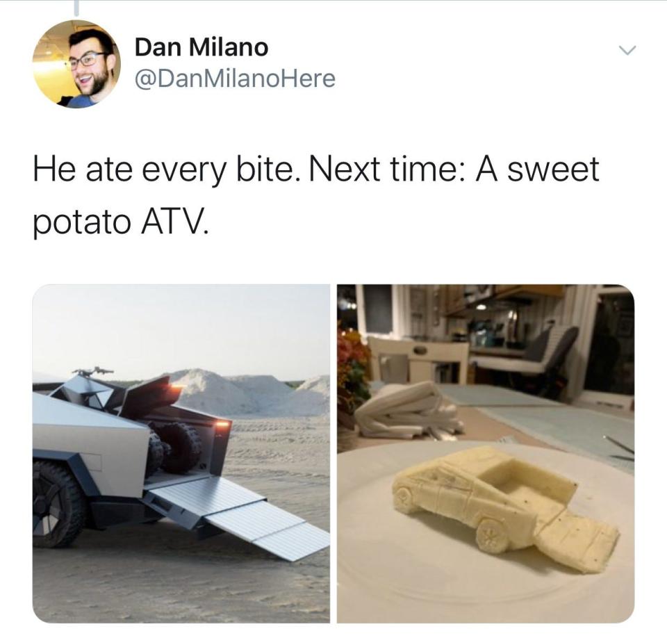 Tesla Cybertruck made from mashed potatoes.