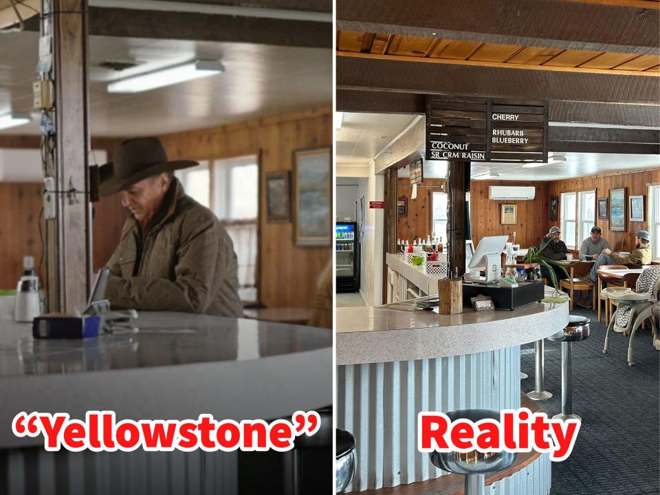 Side-by-side photos show how Glen's Cafe looks in "Yellowstone" and in real life.