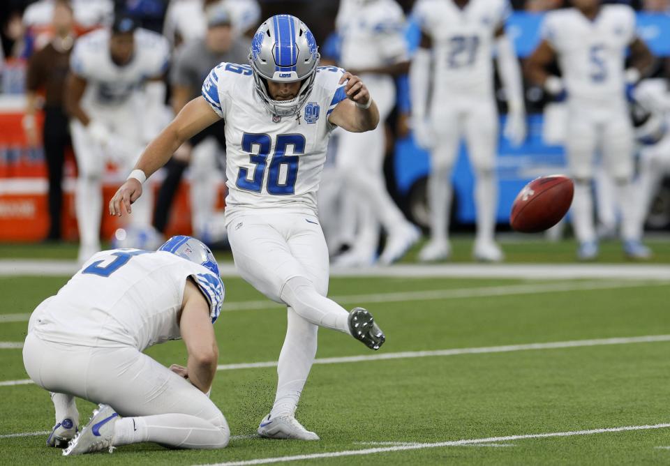 Riley Patterson of the Detroit Lions kicks a field goal during the fourth quarter against the Los Angeles Chargers at SoFi Stadium on November 12, 2023 in Inglewood, California.