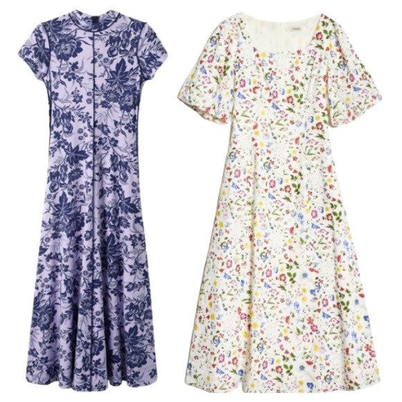 Cap sleeve dress, £195, Me + Em;  Pressed floral maxi dress, £110, Albaray