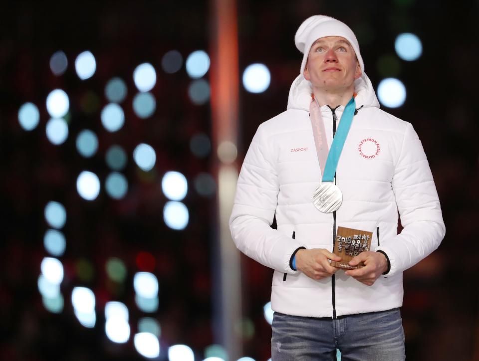 <p>Pyeongchang 2018 Winter Olympics – Closing ceremony – Pyeongchang Olympic Stadium – Pyeongchang, South Korea – February 25, 2018 – Men’s 50 km cross country silver medallist Alexander Bolshunov, Olympic athlete from Russia, celebrates during the closing ceremony. REUTERS/Lucy Nicholson </p>