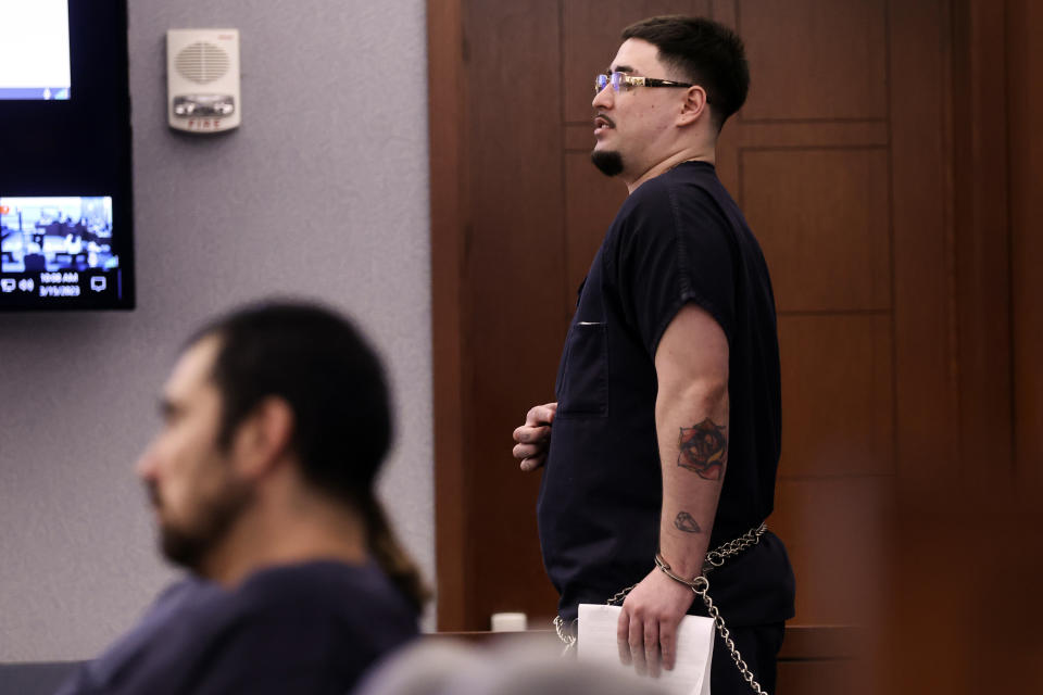 George Moya, a co-defendant with Joshua Nichols the troubled son of imprisoned Oklahoma City bombing co-conspirator Terry Nichols, appears for a hearing, Wednesday, March 15, 2023, at the Regional Justice Court in Las Vegas. Nichols and Moya pleaded guilty Wednesday to kidnapping and armed robbery in a case that will get him at least five years in prison. (Chase Stevens/Las Vegas Review-Journal via AP)