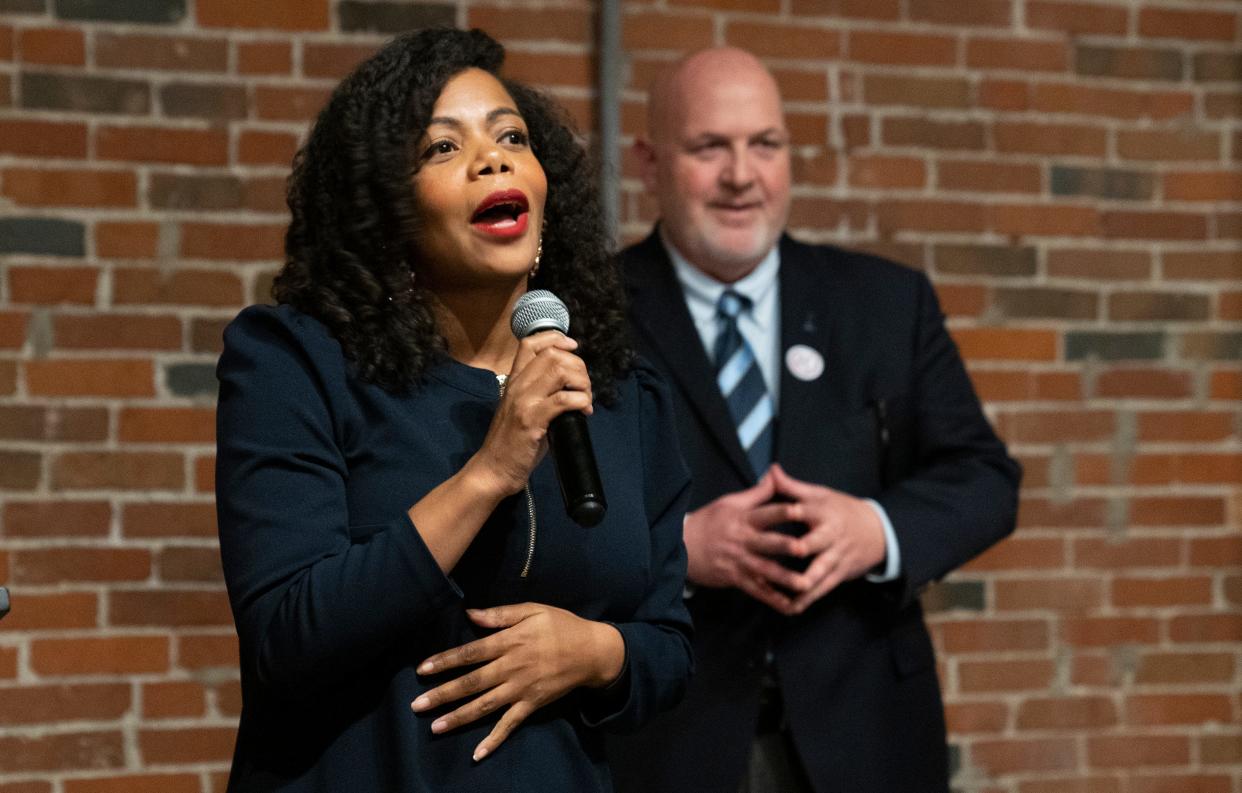 Newly elected Franklin County Commissioner Erica Crawley speaks to the crowd Tuesday at the Franklin County Democratic Party election celebration at Strongwater Food & Spirits in Columbus.