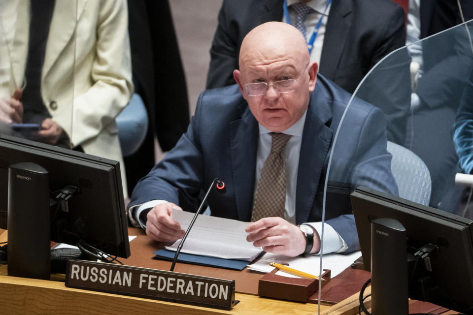 FILE - Vassily Nebenzia, permanent representative of Russia to the United Nations, speaks during a meeting of the UN Security Council, March 29, 2022, at United Nations headquarters. A week before the anniversary of Russia’s invasion of Ukraine, the Kremlin’s U.N. ambassador claimed that the West is driven by its determination to destroy Russia and declared: "We had no choice other than to defend our country, defend it from you, to defend our identity and our future." (AP Photo/John Minchillo, File)