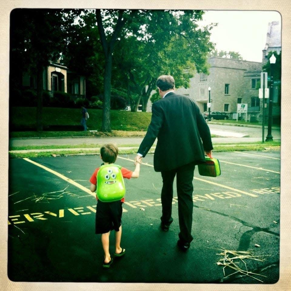 Sen. Sherrod Brown, husband of USA TODAY columnist Connie Schultz, walks their grandson into school 10 years ago.