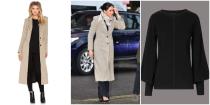 <p>The former actress wore a Smythe 'Brando coat' (sold out on Revolve's <a rel="nofollow noopener" href="http://www.revolve.com/smythe-brando-coat-in-camel/dp/SMYT-WO124/" target="_blank" data-ylk="slk:website;elm:context_link;itc:0;sec:content-canvas" class="link ">website</a> but similar available <a rel="nofollow noopener" href="https://www.rag-bone.com/sale/womens/duke-coat-W275202OO.html?categoryfrom=undefined#q=camel%2Bcoat&start=1" target="_blank" data-ylk="slk:here;elm:context_link;itc:0;sec:content-canvas" class="link ">here</a>), a Marks and Spencer wool blend <a rel="nofollow noopener" href="http://www.marksandspencer.com/wool-blend-round-neck-bell-sleeve-jumper/p/p22511692?OmnitureRedirect=T385065T&pdpredirect&source=affwindow&extid=af_a_Content_78888_Skimlinks&comgp=78888&cvosrc=affiliate.aw.78888&awc=1402_1515583060_4361ef0778021488b92633238c559529" target="_blank" data-ylk="slk:round neck bell sleeve;elm:context_link;itc:0;sec:content-canvas" class="link ">round neck bell sleeve </a><a rel="nofollow noopener" href="http://www.marksandspencer.com/wool-blend-round-neck-bell-sleeve-jumper/p/p22511692?OmnitureRedirect=T385065T&pdpredirect&source=affwindow&extid=af_a_Content_78888_Skimlinks&comgp=78888&cvosrc=affiliate.aw.78888&awc=1402_1515583060_4361ef0778021488b92633238c559529" target="_blank" data-ylk="slk:jumper;elm:context_link;itc:0;sec:content-canvas" class="link ">jumper</a> (sold out but similar version <a rel="nofollow noopener" href="https://www.hush-uk.com/womenswear/daywear/jumpers_cardis/bell_sleeve_jumper_black.htm?gclid=EAIaIQobChMIzo2l5r7c2AIVBLbACh0RzwpHEAQYASABEgLuS_D_BwE&gclsrc=aw.ds#fo_c=1586&fo_k=bba92cb6c20a81547fdbbc5cb6aa4ace&fo_s=gplauk" target="_blank" data-ylk="slk:here;elm:context_link;itc:0;sec:content-canvas" class="link ">here</a>), <a rel="nofollow noopener" href="https://uk.burberry.com/wool-wide-leg-trousers-p40582801" target="_blank" data-ylk="slk:Burberry trousers;elm:context_link;itc:0;sec:content-canvas" class="link ">Burberry trousers</a> and a scarf by royal high-street favourite Jigsaw (similar <a rel="nofollow noopener" href="http://www.jigsaw-online.com/product/skye-paisley-wool-pom-scarf/J35660_GY002" target="_blank" data-ylk="slk:here;elm:context_link;itc:0;sec:content-canvas" class="link ">here</a>). </p><p>She accessorised the look with a <a rel="nofollow noopener" href="https://zofiaday.myshopify.com/collections/rings/products/bar-stack-rings?variant=44138586115" target="_blank" data-ylk="slk:Bar Stack Ring;elm:context_link;itc:0;sec:content-canvas" class="link ">Bar Stack Ring</a> in 14-karat yellow gold featuring pavé diamonds from Zofia Day (similar versions <a rel="nofollow noopener" href="https://www.net-a-porter.com/gb/en/product/988066/Anita_Ko/coil-18-karat-rose-gold-diamond-ring" target="_blank" data-ylk="slk:here;elm:context_link;itc:0;sec:content-canvas" class="link ">here</a> and <a rel="nofollow noopener" href="http://www.asos.com/asos-curve/asos-curve-exclusive-pack-of-2-stacking-pinky-rings/prd/8864526?clr=rosegold&SearchQuery=stack%20ring&gridcolumn=3&gridrow=1&gridsize=4&pge=1&pgesize=72&totalstyles=13" target="_blank" data-ylk="slk:here;elm:context_link;itc:0;sec:content-canvas" class="link ">here</a>).</p>