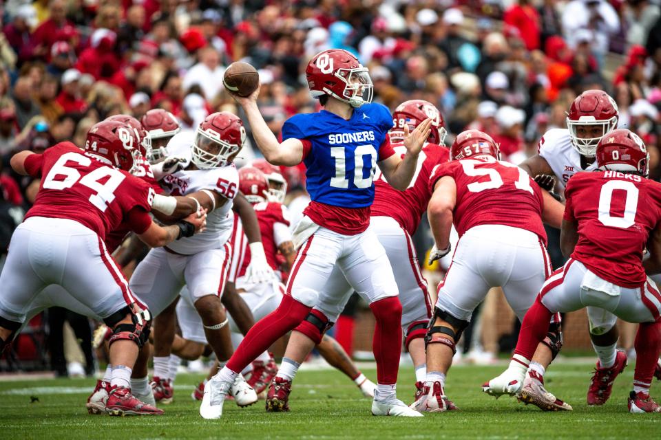 OU freshman quarterback Jackson Arnold (10) passes the ball during Saturday's spring game in Norman.