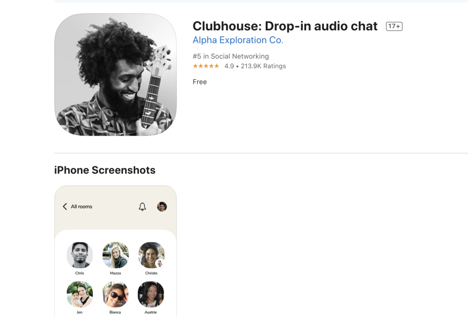 Clubhouse主打即時聊天，目前僅供iPhone用戶下載。圖片取自：Clubhouse on App Store
