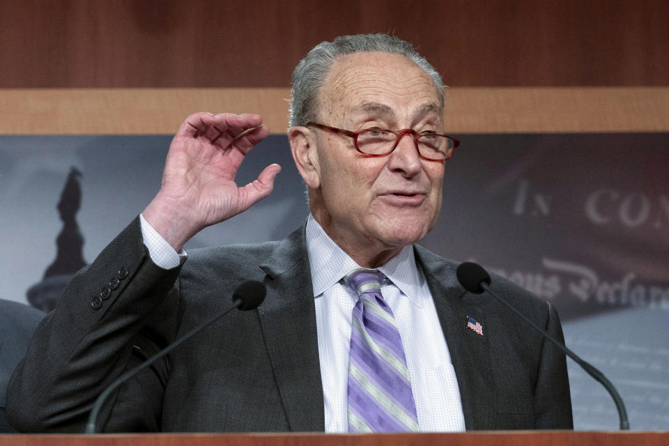 FILE - Senate Majority Leader Chuck Schumer, D-N.Y., speaks during a news conference at the Capitol in Washington, Feb. 2, 2023. Schumer says the United States believes the unidentified objects shot down by American fighter jets over Canada and Alaska were balloons, though smaller than the China balloon downed over the Atlantic Ocean last weekend. Schumer tells ABC’s “This Week” that he was briefed on Saturday night by President Joe Biden’s national security adviser, Jake Sullivan, after the incident hours earlier over the Yukon. (AP Photo/Jose Luis Magana, File)