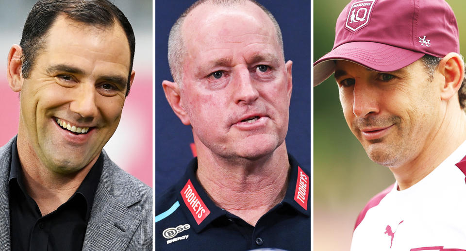 Pictured left to right is Cameron Smith, Michael Maguire and Maroons State of Origin coach Billy Slater. 