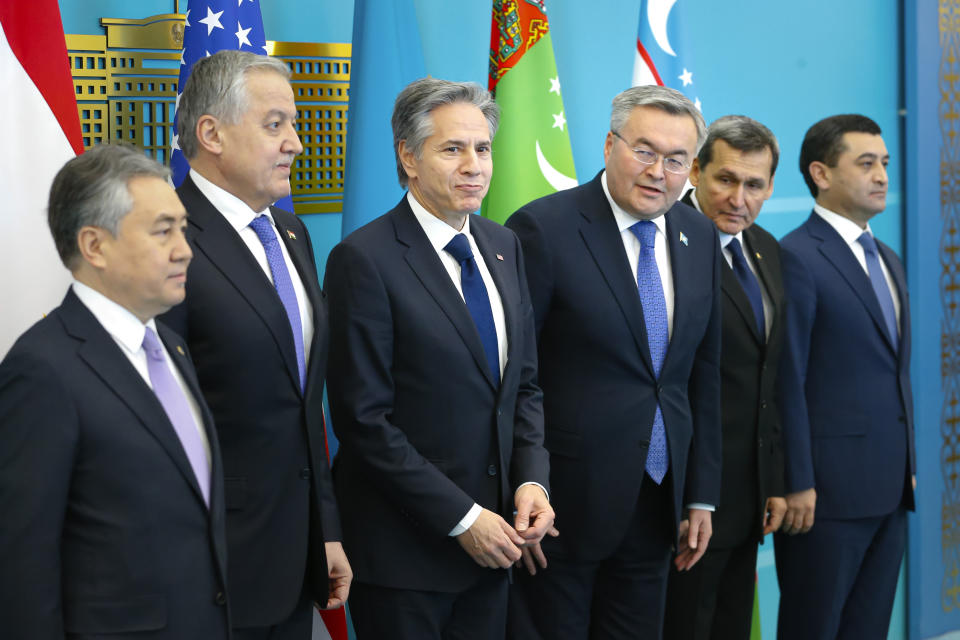 From left: Kyrgyzstan Foreign Minister Zheenbek Kulubaev, Tajikistan's Foreign Minister Sirojiddin Muhriddin U.S. Secretary of State Antony Blinken, Kazakhstan's Foreign Minister Mukhtar Tileuberdi, Turkmenistan's Foreign Minister Rasit Meredow and Uzbekistan's acting Foreign Minister Bakhtiyor Saidov pose for a photo prior to their talks in Astana, Kazakhstan, Tuesday, Feb. 28, 2023. (AP Photo)