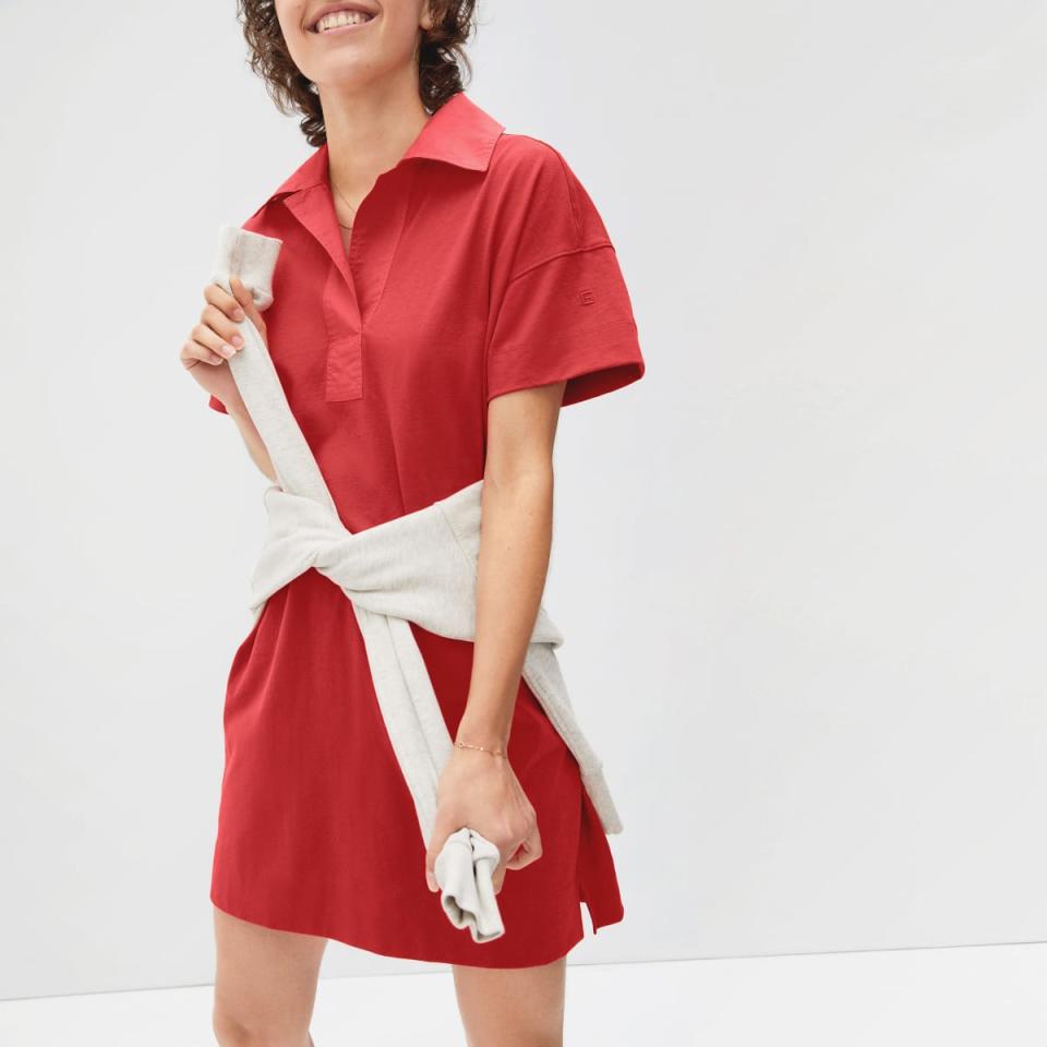 The Retro Jersey Polo Dress in Scarlet. Image via Everlane.