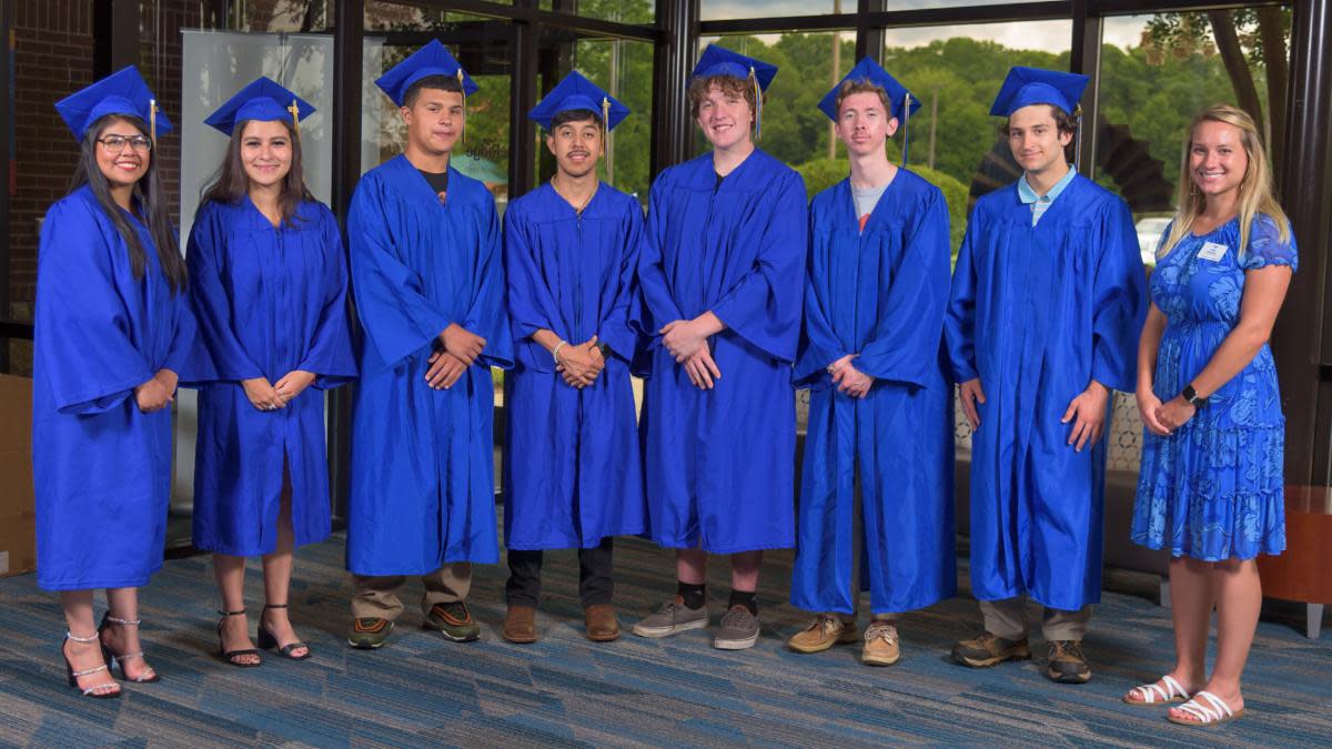 Blue Ridge Community College graduates of the Business and Banking Apprenticeship program were celebrated on Wednesday, July 27, in the college’s Thomas Auditorium. From eft to right: Maria Miranda Salgado, Ximena Maldonado-Gomez, Jonah Mendoza, Dilan Montes, Braydon Harris, Ethan Blankenship, Wyatt Goodman and Apprenticeship Coordinator Kelli Stewart.