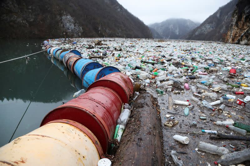Tonnes of waste float on the Drina river in Visegrad