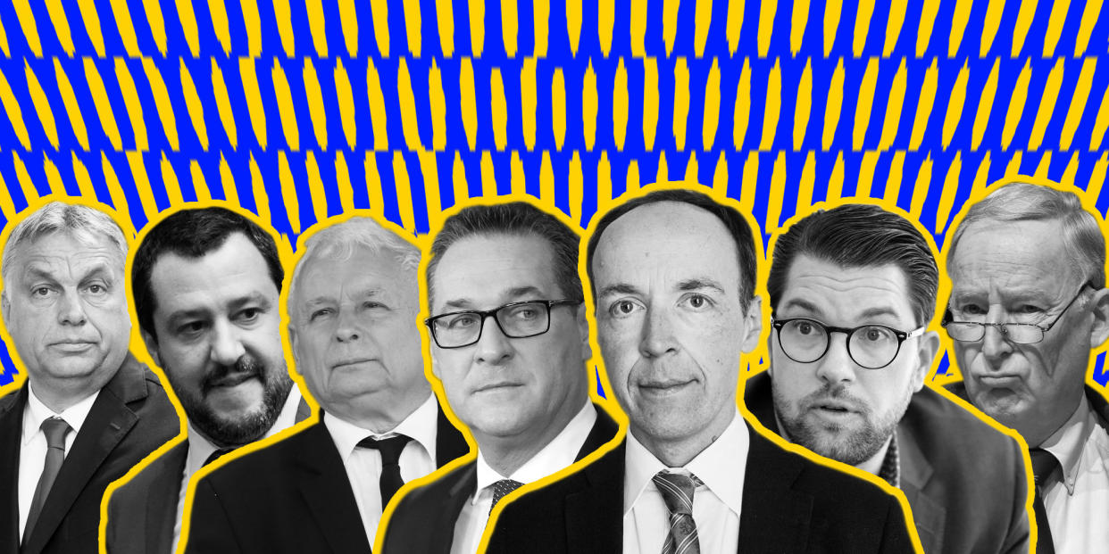 Hungary's Victor Orban, Italy's Matteo Salvini, Poland's&nbsp;Jaroslaw Kaczynski,&nbsp;Austria's Heinz-Christian Strache,&nbsp;Finland's&nbsp;Jussi Halla-aho, Sweden's&nbsp;Jimmie Akesson and&nbsp;Germany's&nbsp;Alexander Gauland (left to right). (Photo: Ji Sub Jeong/HuffPost)