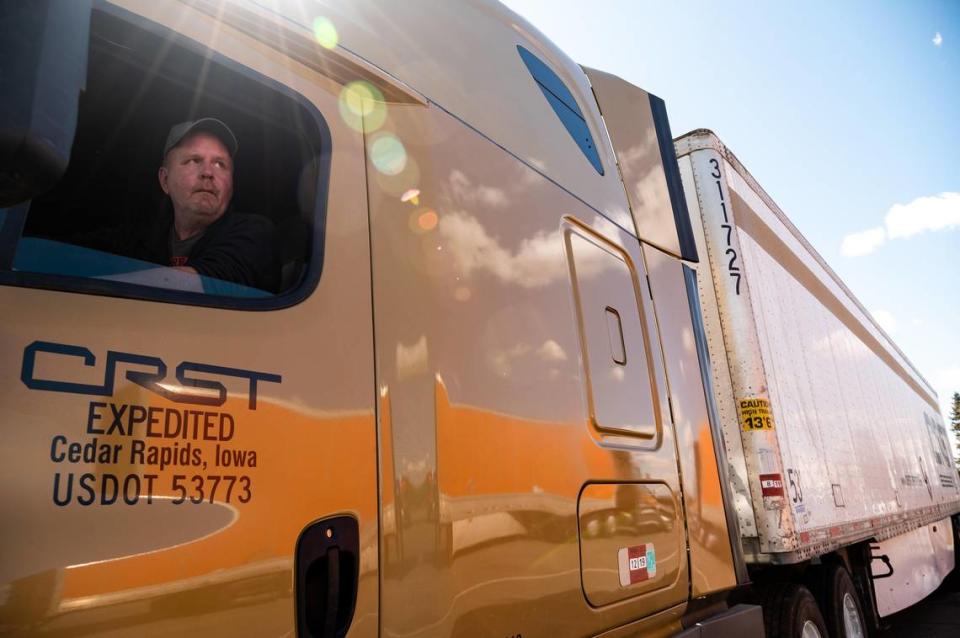 “We pretty much stay self-quarantined in the truck,” driver Mark Wacho said about the social-distancing orders in place in much of the country. He was parked at the Sacramento 49er Travel Plaza on Thursday, March 26, 2020, on his way to pick up a load from Hayward to take to Charlotte, North Carolina. “We are getting where we need to be a whole lot faster.”