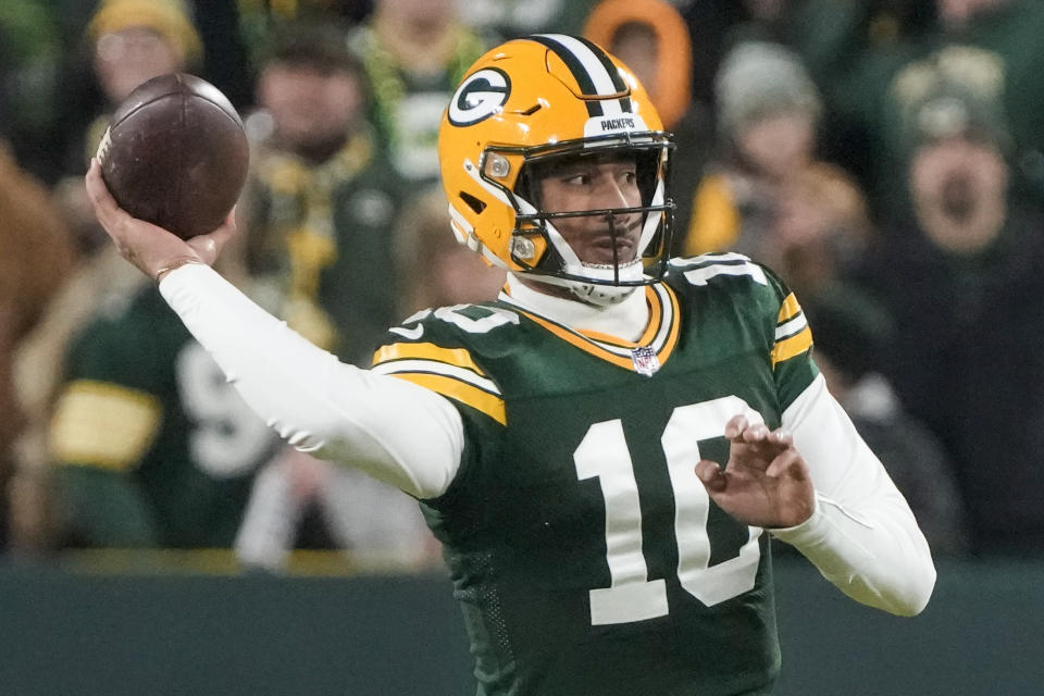 FILE -Green Bay Packers' Jordan Love throws during an NFL football game against the Minnesota Vikings Sunday, Jan. 1, 2023, in Green Bay, Wis. With Aaron Rodgers saying he intends to play for the New York Jets in the upcoming season, Love finally gets his chance to take over as a starting quarterback in his fourth NFL season. (AP Photo/Morry Gash, File)