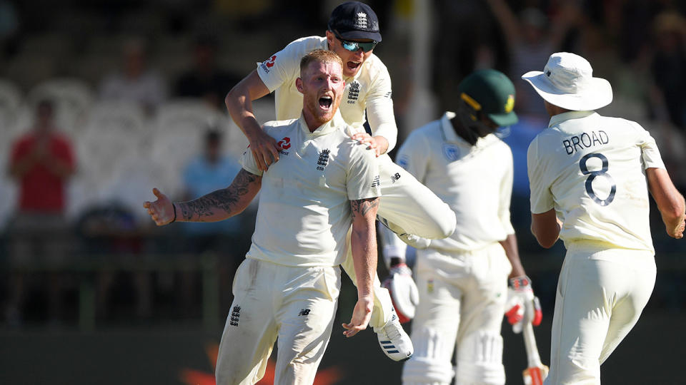 Ben Stokes, pictured here celebrating the final wicket to secure England's victory.