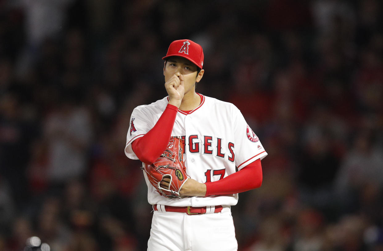 Shohei Ohtani’s hype train slowed down after leaving an Angels start early due to a blister. (AP Photo)