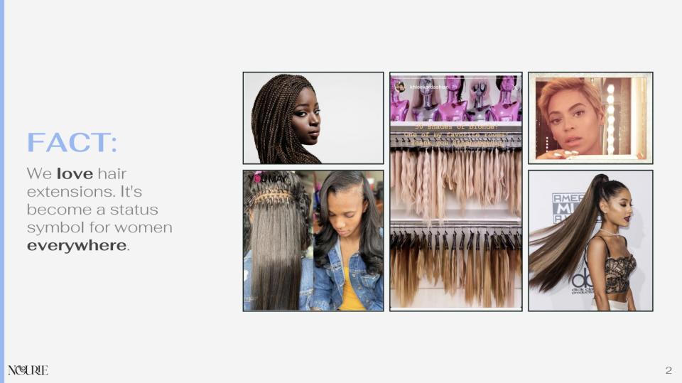 The deck shows various forms of hair extensions, like braids, a wig closet, and Ariana Grande's ponytail.